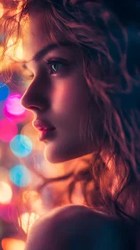 Soft neon glow surrounds a thoughtful young woman at night