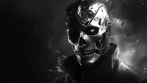 Chrome skull sentinel stalks the void in stormlit shadow.