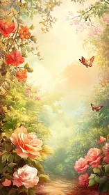 Sunlit butterflies drift through a rose-framed secret path