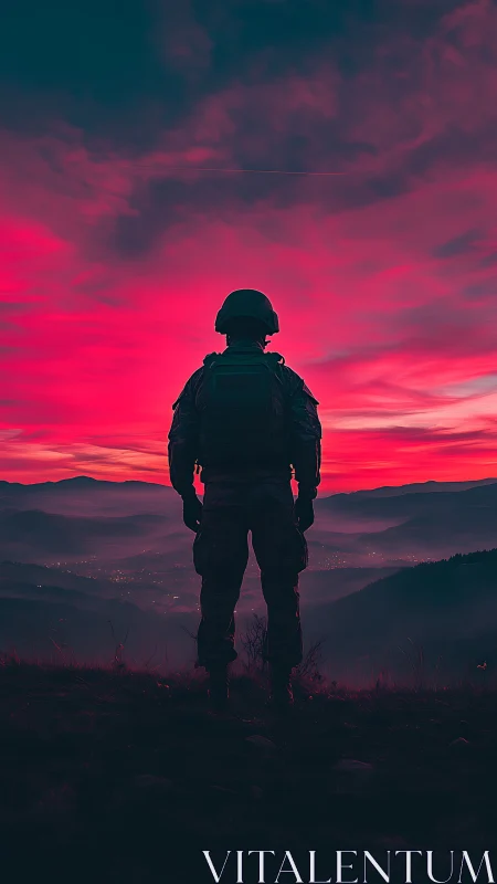 Silhouetted soldier observes neon magenta horizon at dusk
