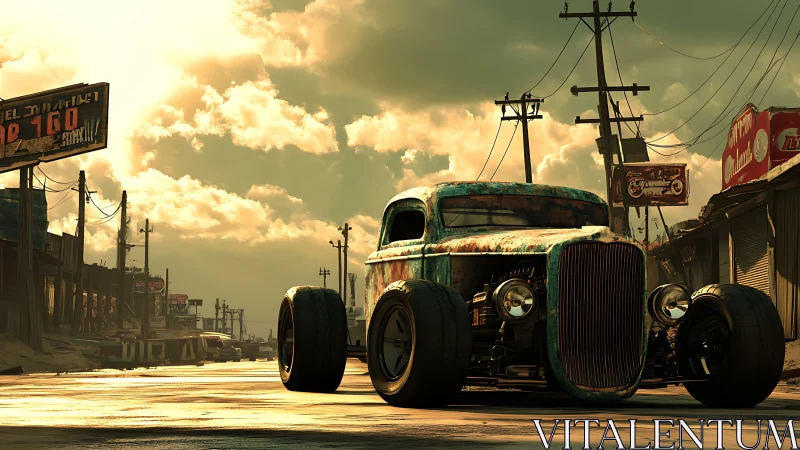 Rustic hot rod dominates sunlit postapocalyptic street.