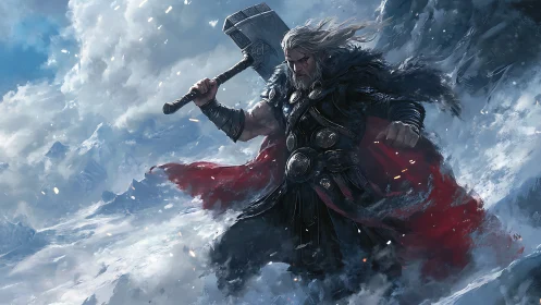 Storm-wrought warrior cleaves frozen clouds with mythic hammer.