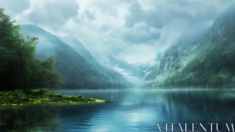 Misty mountain lake with calm water and dense green forest.