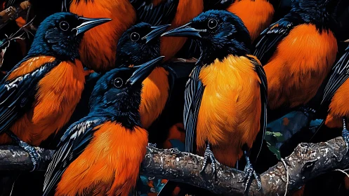 Vibrant Baltimore Orioles Perched on Branch in Digital Painting.