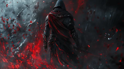 Hooded warrior with sword in red and black swirling smoke.