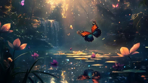 Enchanted waterfall glade with luminous butterflies at dusk.