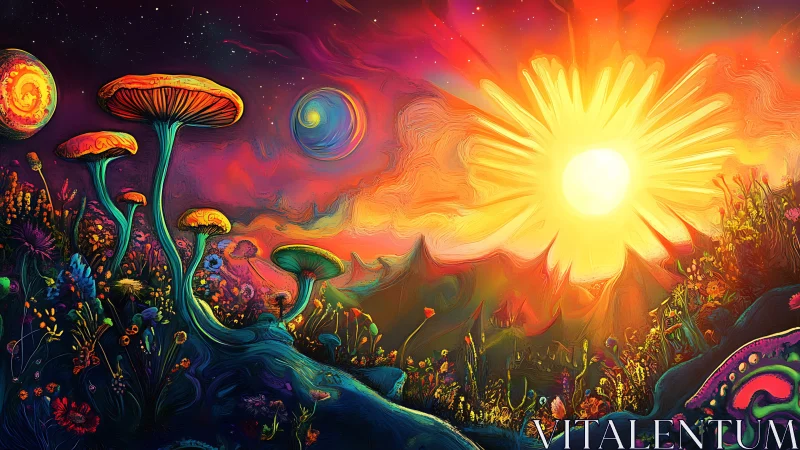 Psychedelic alien landscape with bioluminescent flora and radiant sun
