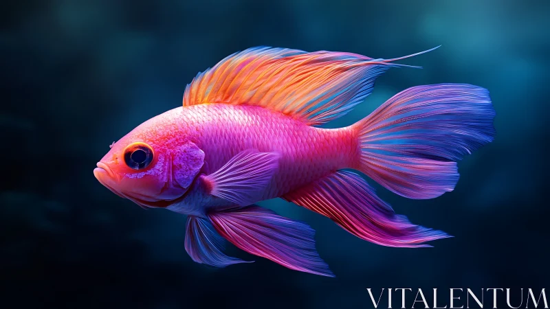 Radiant neon reef fish glides through a moody blue ocean