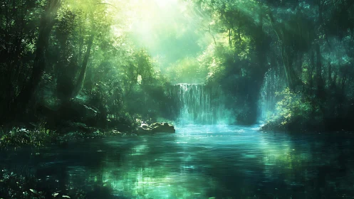 Enchanted Forest River with Waterfall.