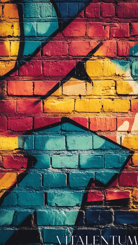 Geometric graffiti on brick wall with saturated color fields.