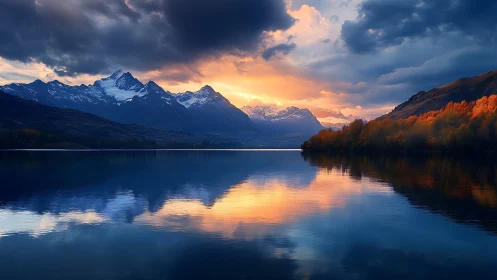 Alpine lake reflectance under stratified sunset cloud dynamics.