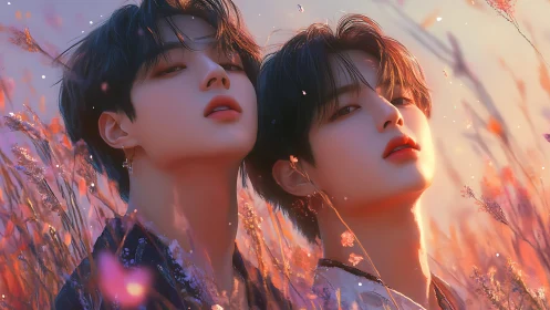 Two stylized youths pose closely in glowing sunset field