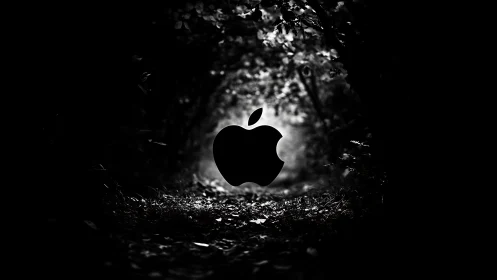 Minimal logo silhouette glows inside dark forest tunnel