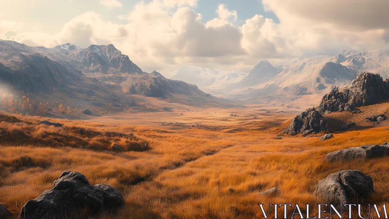 Golden valley plain between distant snow capped mountains.