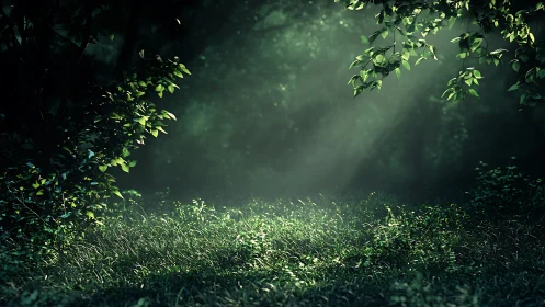 Sunlit Forest Clearing with Lush Greenery in Dreamy Light.