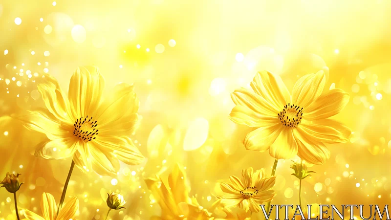 Golden cosmos blossoms in radiant sunlight glow.