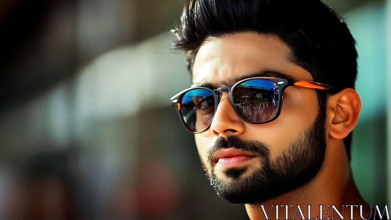 Confident bearded man in cool reflective sunglasses outdoors.