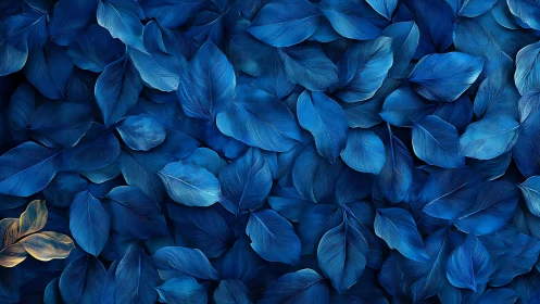 Dense pattern of layered blue leaves with golden accent.