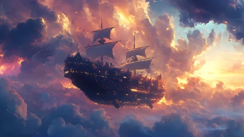 Sailing vessel configured as airborne ship in dense clouds.