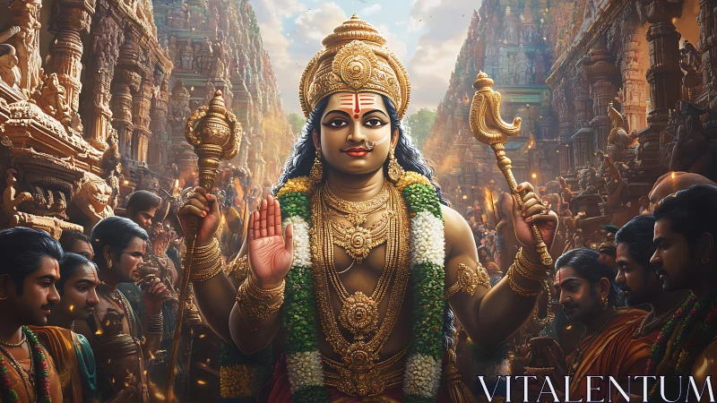 Hindu deity statue carried in crowded temple procession.