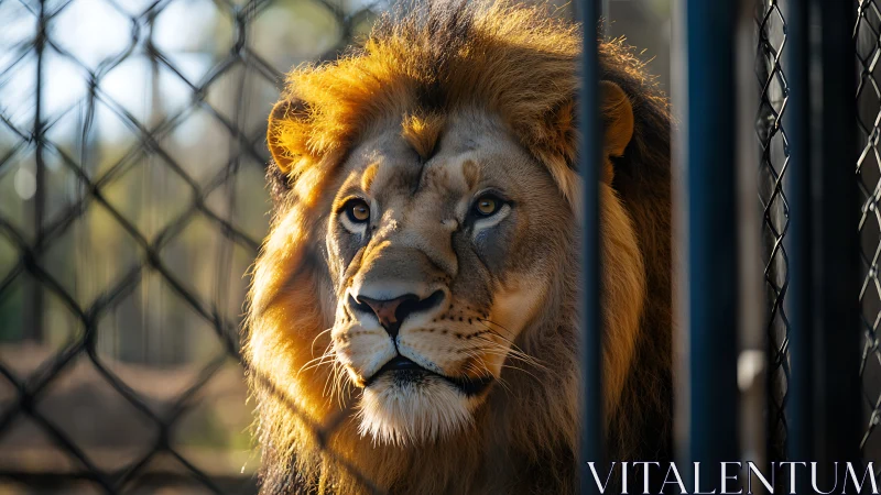 Captive male lion behind metal enclosure bars at zoo.