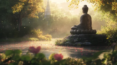 Gentle riverside Buddha statue invites quiet reflection at dawn