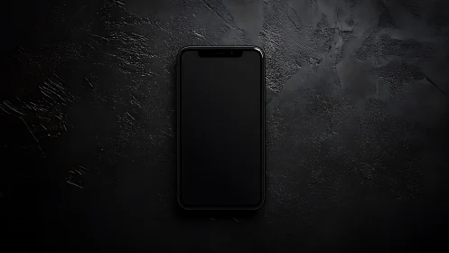 Black smartphone mockup on dark textured surface.