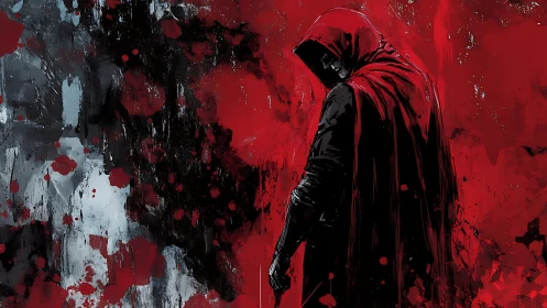 Hooded figure in red cloak before abstract red backdrop.