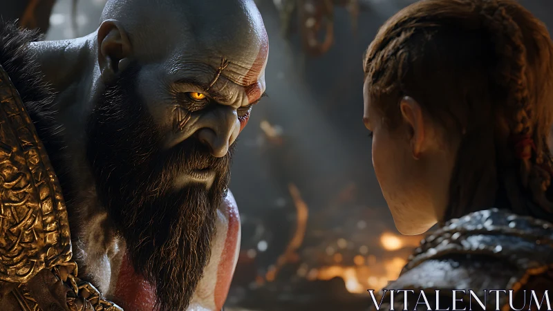 Bearded warrior confronting youth in detailed fantasy scene.