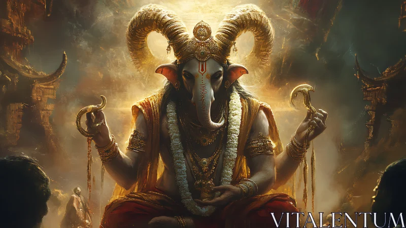 Horned elephant-headed deity sits in radiant temple haze