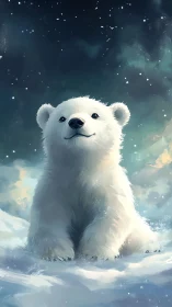 Digital illustration of a polar bear cub in snowy landscape.