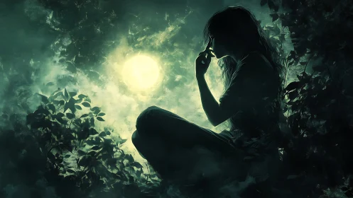 Silhouetted woman in foliage before bright full moon.