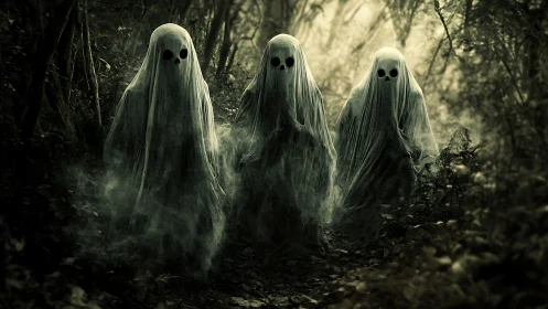 Ghostly trio wander a mist-filled forest path at dusk.