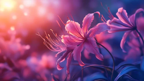 Pink Flowers Backlit by Sunset Glow with Bokeh Effect