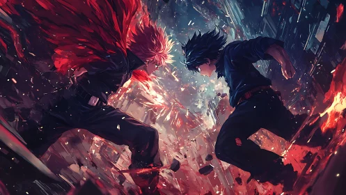 Anime duel amid shattered city and swirling elemental energy.