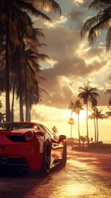 Sunlit red sports car cruising a dreamy palm-lined shore.