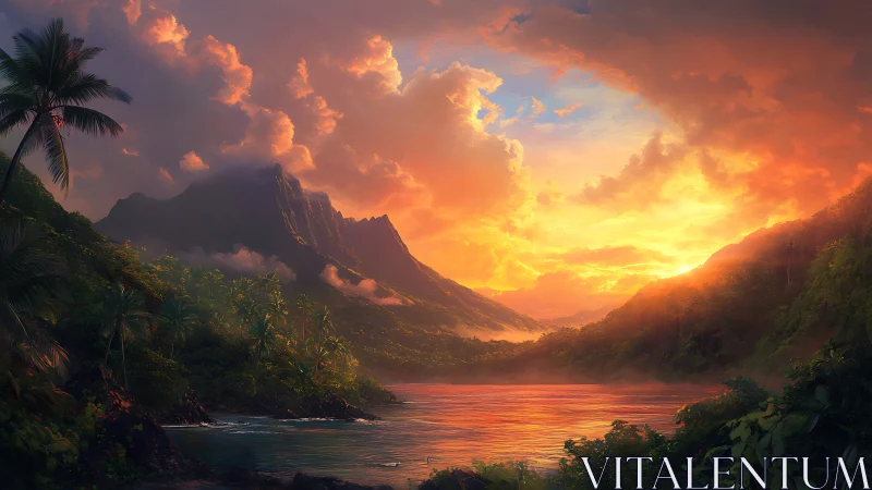 Sunset ignites a tropical bay beneath misty emerald peaks