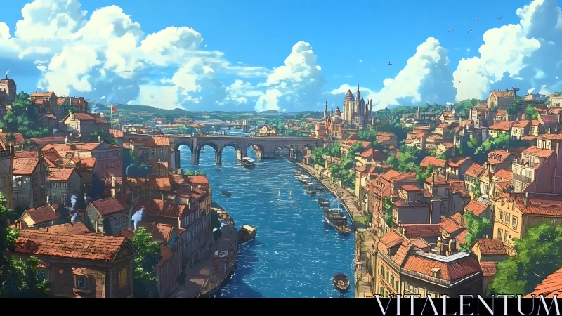 Riverside terraced cityscape under cumulus sky with detailed lighting