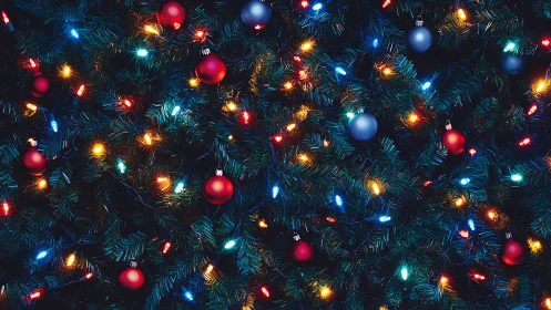 Cozy Christmas tree lights and ornaments glowing softly.