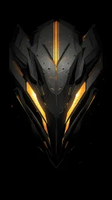 Cybernetic obsidian mask with molten amber core glow.