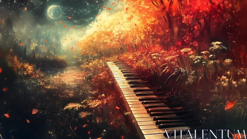 Moonlit forest piano path cuts through glowing autumn foliage