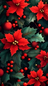Red poinsettias and holly leaves form seamless festive pattern