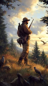 Hunter overlooking sunset valley with autumn forest wildlife.