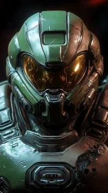 Green sci fi combat armor helmet with glowing visor front