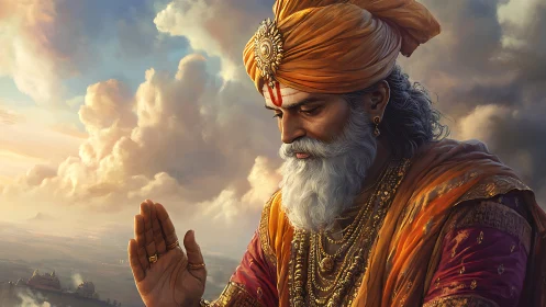 Regal ascetic elder in saffron robes under luminous sky.