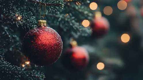 Glowing red ornament bringing cozy cheer to the tree.