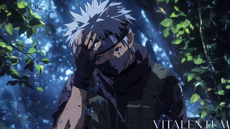 Moonlit kunoichi pauses as rain carves silver secrets