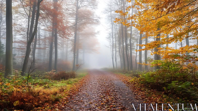 Autumn Forest Path Through Morning Mist.