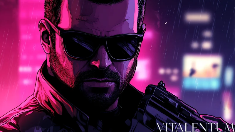 Neon-soaked antihero stands ready in a rainlit cyber city