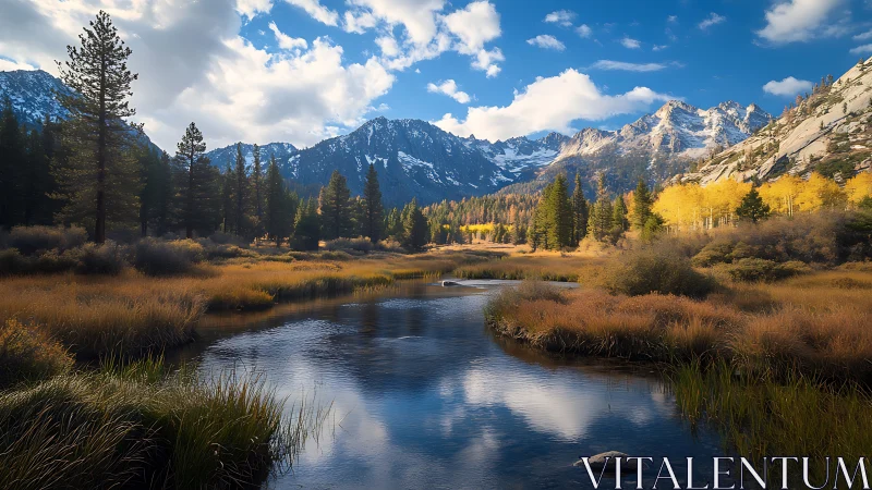 Golden valley river under bright mountains and drifting clouds.